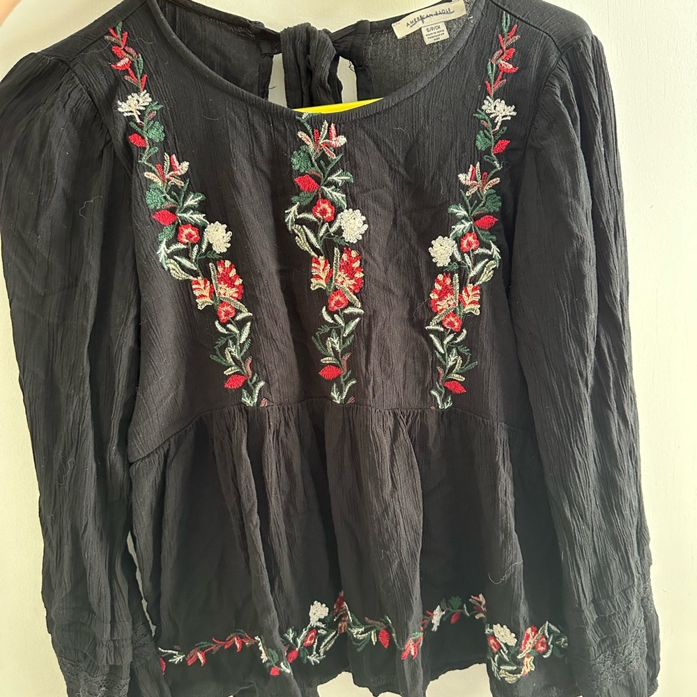 American Eagle Outfitters Black Floral Embroidered Blouse